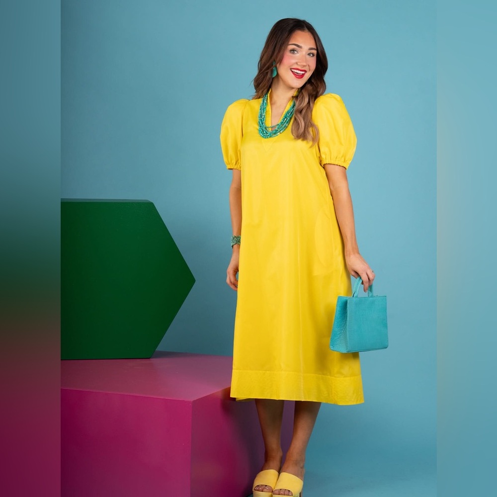NWOT Emily McCarthy Sunny Yellow Midi Dress with Puff Sleeves